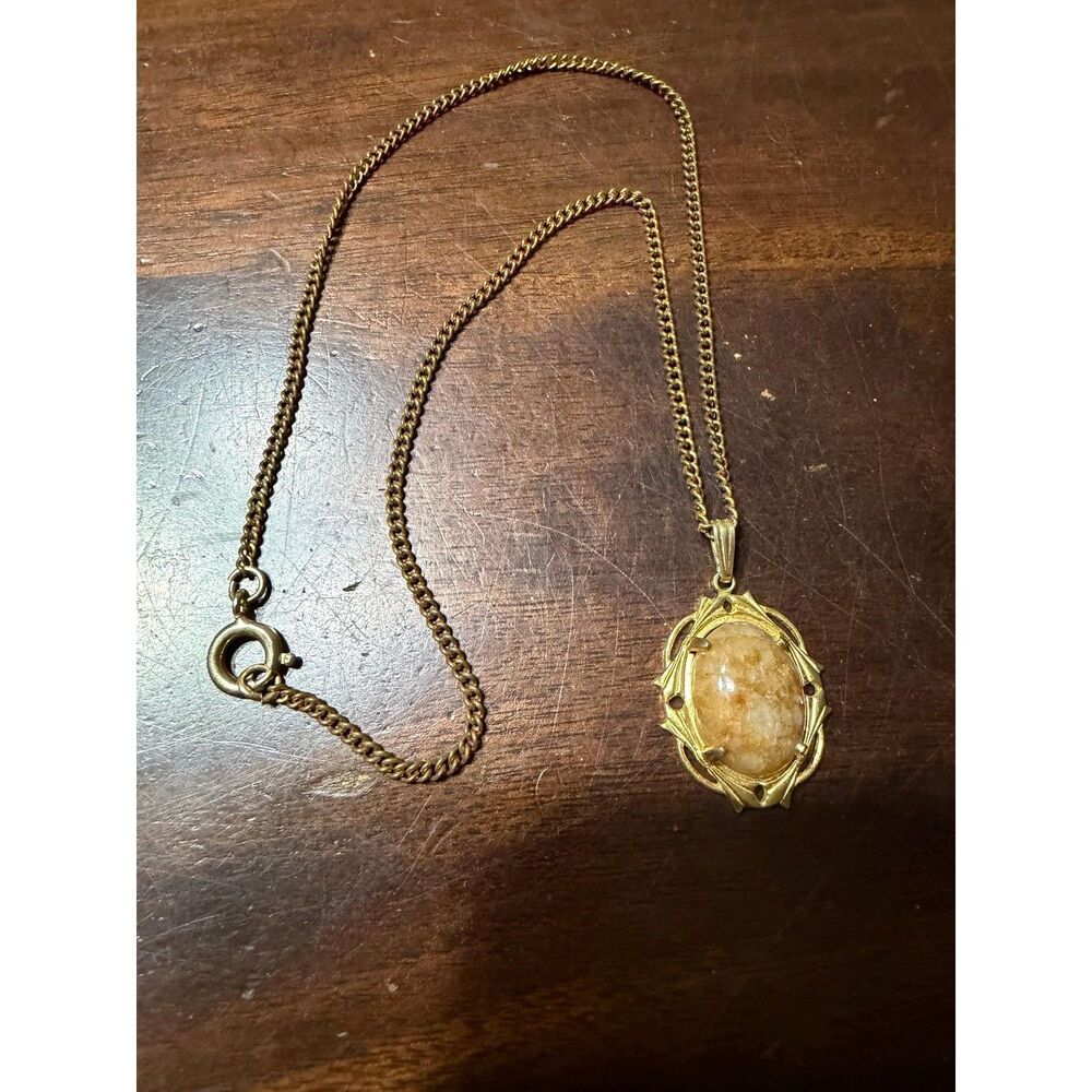 Vintage Gold Toned Costume Jewelry Necklace Germany With Golden Quartz Pendant
